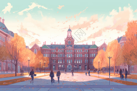 大学城市建筑秋日里的校园插画