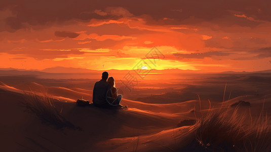 一对夫妇坐在沙丘上分享故事高清图片