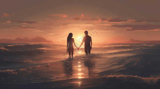 情侣手拉手奔跑手拉手在水中的情侣插画