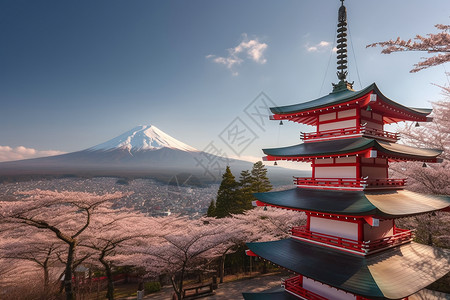 富士山和樱花富士山的樱花和红塔背景