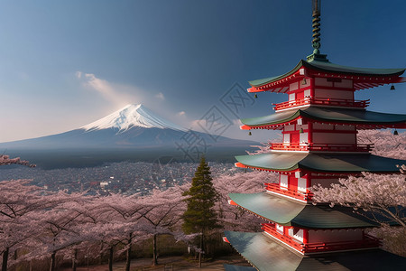 樱花季节的富士山和红塔背景