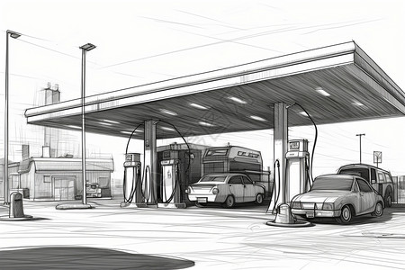 汽车素描中途的加油站和燃油泵插画