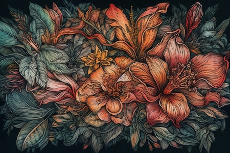 热带花朵的彩色铅笔画图片