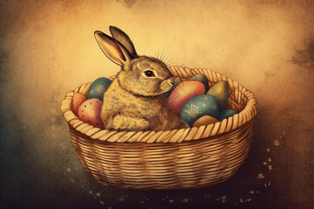 兔子坐在五彩缤纷的篮子里背景图片