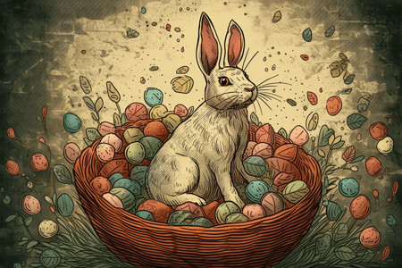 手绘鸡蛋兔子兔子坐在五颜六色的篮子里插画