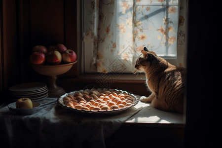 窗台上的猫冷和苹果派图片