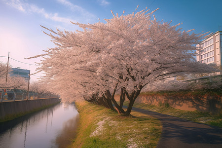 运河风景美丽的樱花设计图片