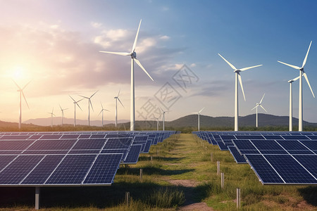 核能发电厂太阳能电池板和风力涡轮机设计图片