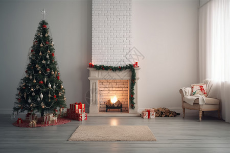 客厅壁炉壁炉和圣诞树的客厅设计图片