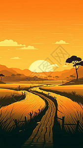 日落时分的稻田风景背景图片