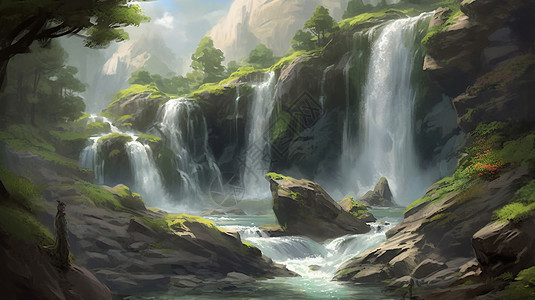 通灵大瀑布灌木丛和树木环绕的大瀑布插画