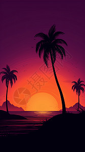 深紫色背景日落唯美风景插画