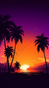 深紫色背景热带唯美风景插画插画