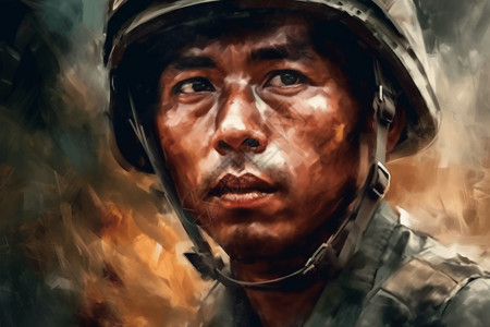 戴头盔军人油画风格的军人插画