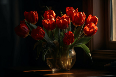 红色郁金香花瓶图片
