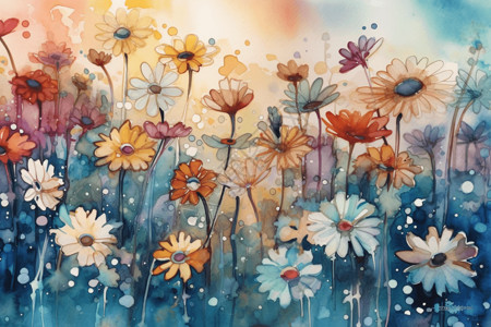 水彩风格的雏菊背景图片