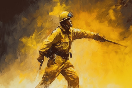 黑色工服消防员灭火的消防员油画插画