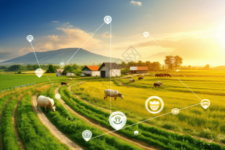 牛羊吃草支持5g的智能农业概念图设计图片