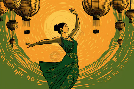 舞者金色穿着绿色连衣裙的女舞者艺术插图插画