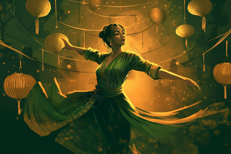 舞者金色穿着绿色连衣裙的女舞者插图插画