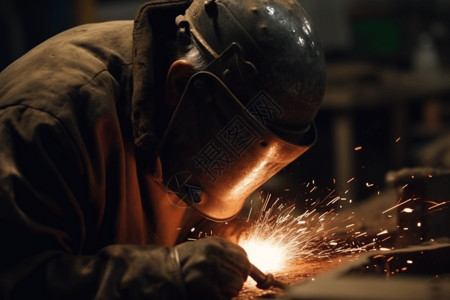 工厂工作服工厂焊工焊接熔断金属的特写视图设计图片