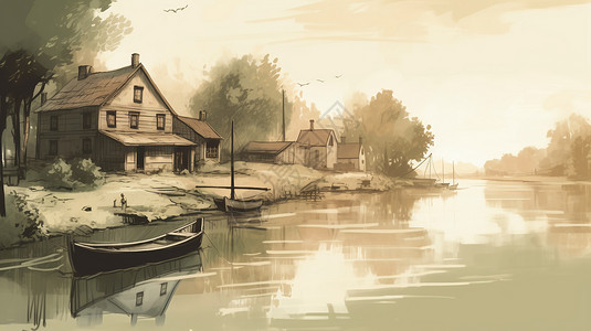 木偶水中划艇树木和小房子的宁静河边插画