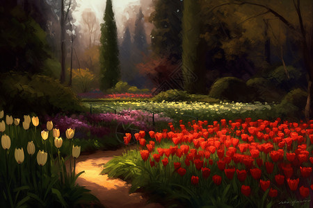 郁金香花园的油画图片