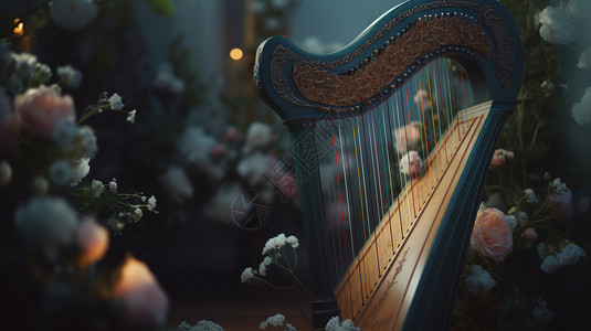竖琴演奏精美的竖琴和美丽的花朵设计图片