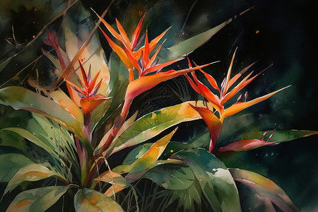 热带树叶水彩画图片