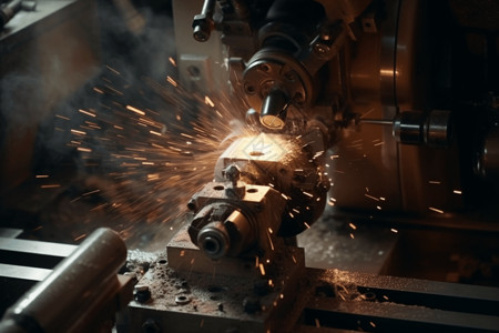 机械工切割火花工厂运动的车床特写镜头设计图片