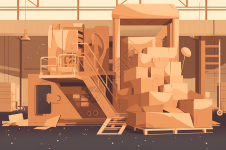 压缩纸箱回收的工业机器平面插图图片
