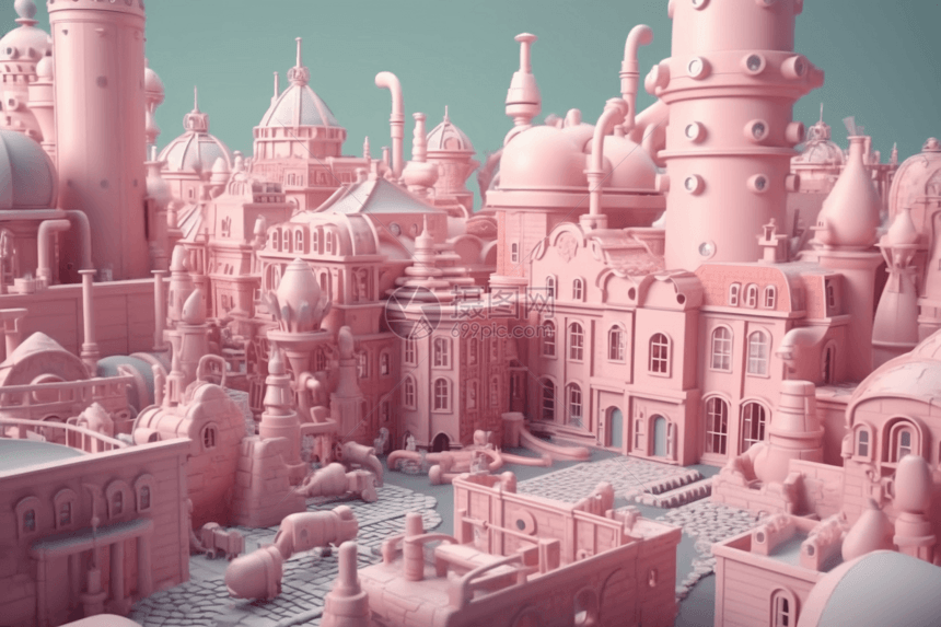 抽象粉色未来派城市建筑3D概念图图片