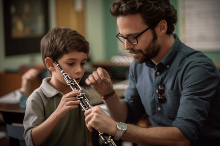 老师教导学生弹奏单簧管图片