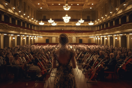 小提琴家在一个宏伟的音乐厅演奏背景图片