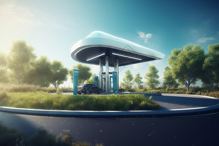 被砍伐的树木被绿色和蓝天包围的氢燃料站设计图片
