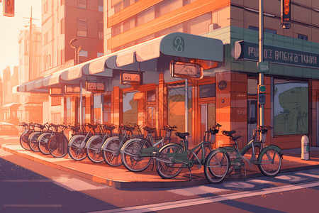 锁自行车城市街道上的自行车插画