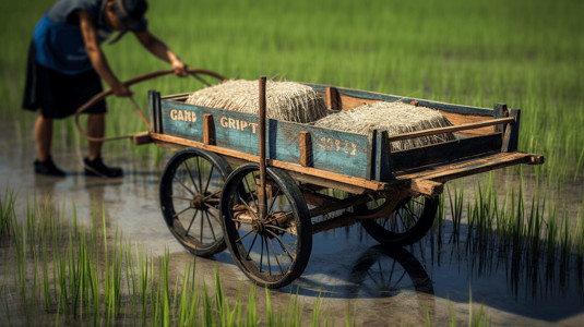 运载水稻的推车图片