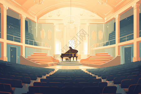 舞台台阶大厅中间的钢琴插画