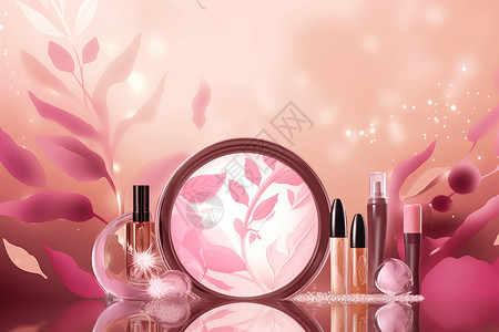 美妆小镜子粉色化妆品背景设计图片
