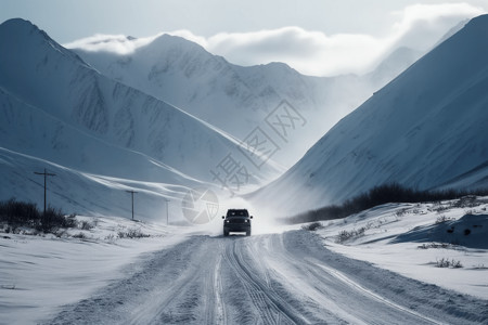 汽车驶过雪山山口设计图片