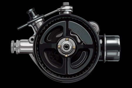 齿轮平面素材转向助力泵: 俯视图，黑色背景，平面插图技术，强调亮点。，高插画