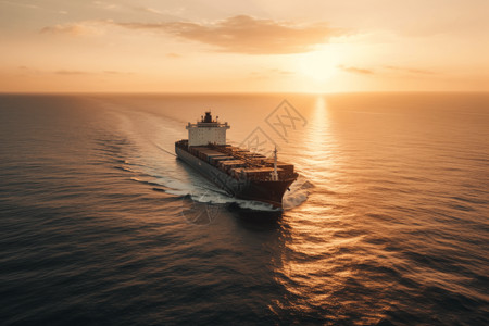 太阳甲板货船驶入日落设计图片