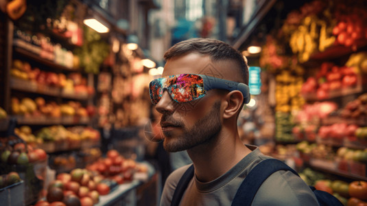 男子体验AR水果市场高清图片