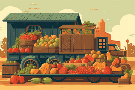 运输蔬菜从农场到餐桌的农产品插画