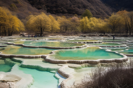 黄龙五彩池美丽的黄龙地貌温泉背景