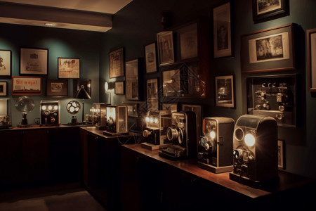电影仪器展示柜和老式投影仪背景