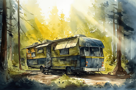 树林里的房车背景图片