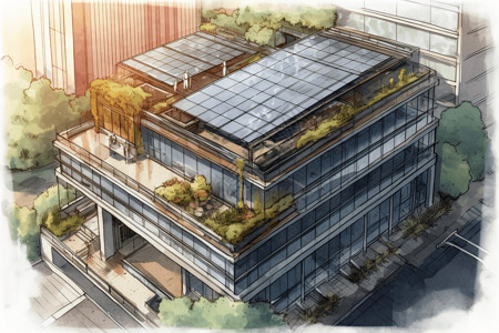 现代办公楼的水彩渲染，屋顶上有太阳能电池板。，高清背景图片