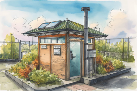 卫生间门挂利用太阳能电能的公共厕所插画