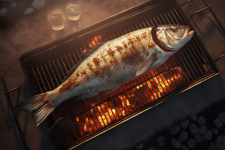 烧烤烤鱼火焰里的烤鱼插画